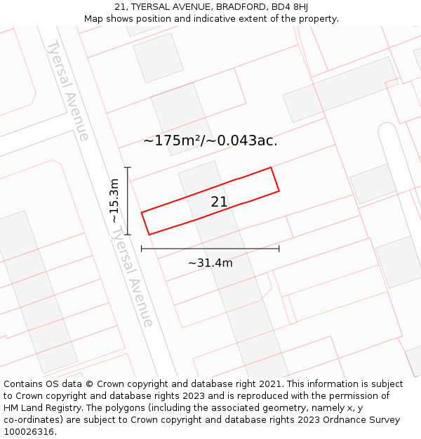 21, TYERSAL AVENUE, BRADFORD, BD4 8HJ: Plot and title map