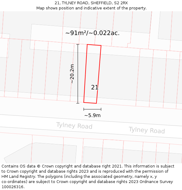 21, TYLNEY ROAD, SHEFFIELD, S2 2RX: Plot and title map
