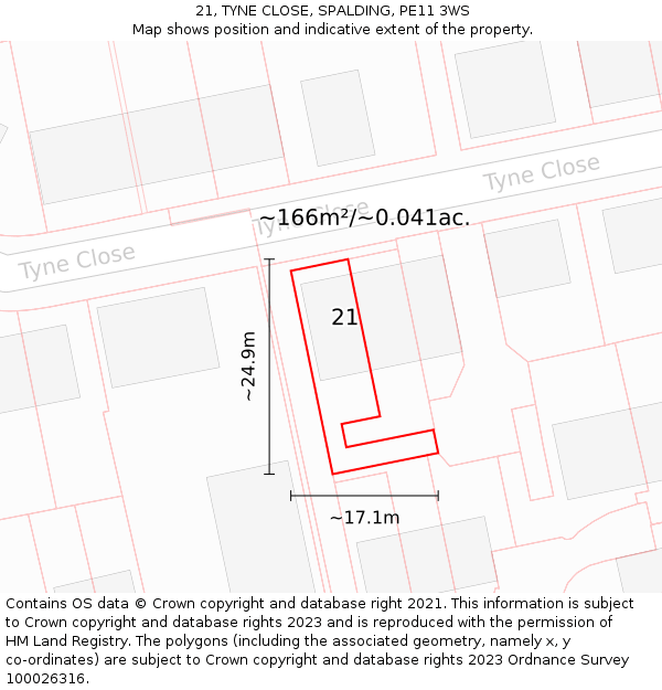 21, TYNE CLOSE, SPALDING, PE11 3WS: Plot and title map