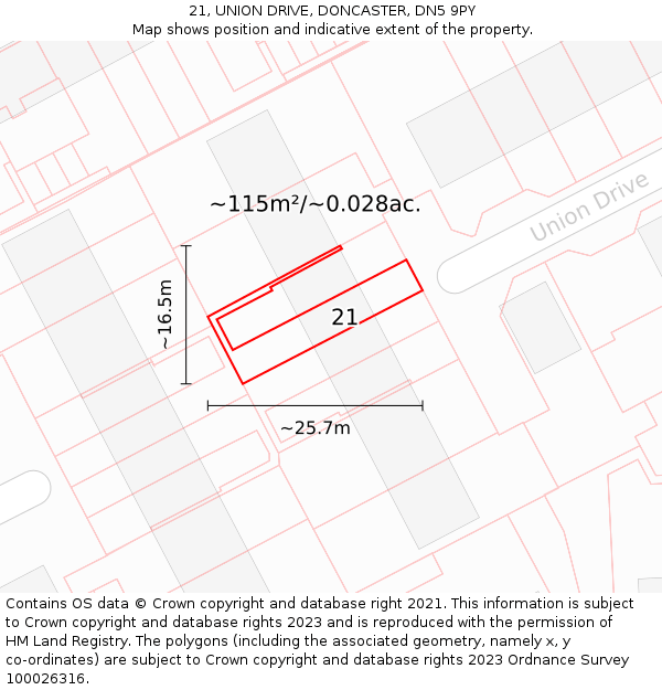 21, UNION DRIVE, DONCASTER, DN5 9PY: Plot and title map