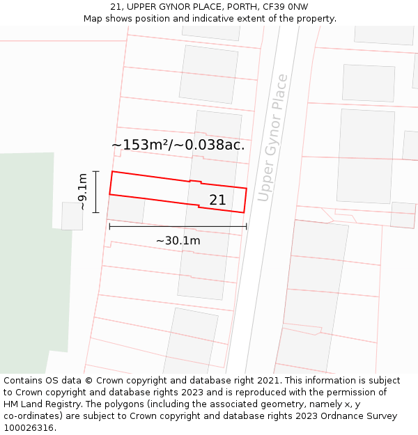 21, UPPER GYNOR PLACE, PORTH, CF39 0NW: Plot and title map