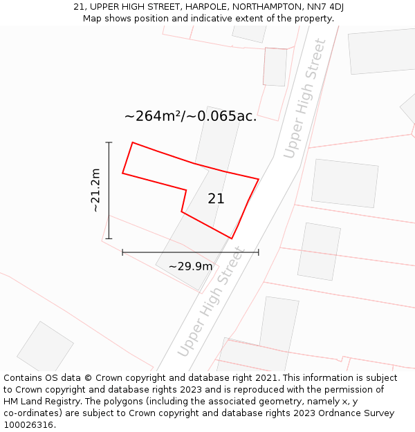 21, UPPER HIGH STREET, HARPOLE, NORTHAMPTON, NN7 4DJ: Plot and title map