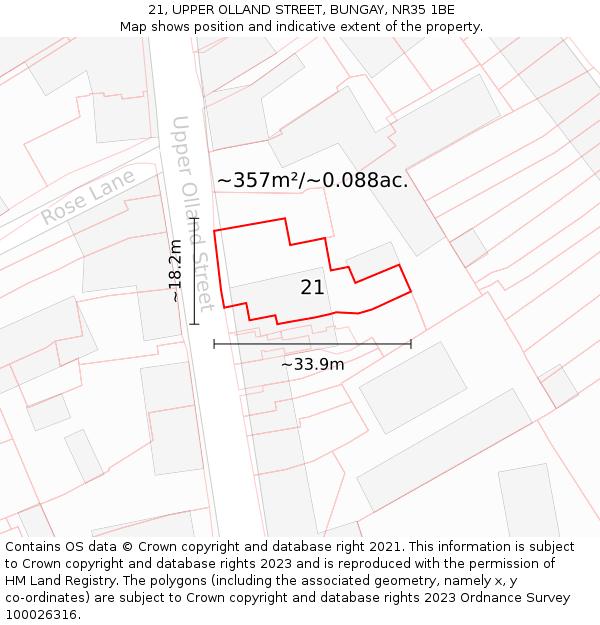 21, UPPER OLLAND STREET, BUNGAY, NR35 1BE: Plot and title map
