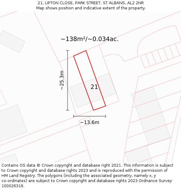 21, UPTON CLOSE, PARK STREET, ST ALBANS, AL2 2NR: Plot and title map