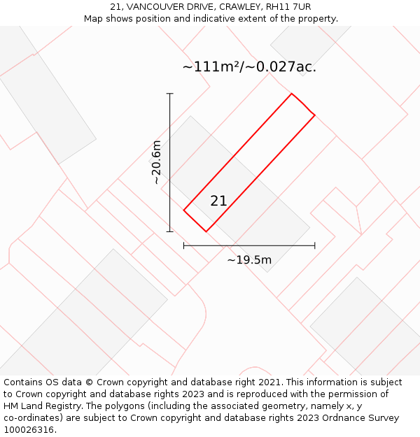 21, VANCOUVER DRIVE, CRAWLEY, RH11 7UR: Plot and title map