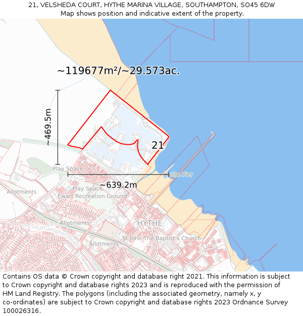 21, VELSHEDA COURT, HYTHE MARINA VILLAGE, SOUTHAMPTON, SO45 6DW: Plot and title map