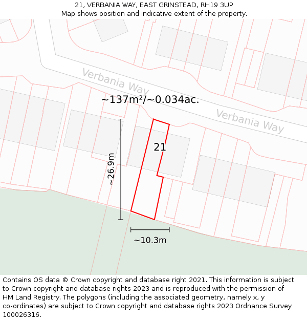 21, VERBANIA WAY, EAST GRINSTEAD, RH19 3UP: Plot and title map