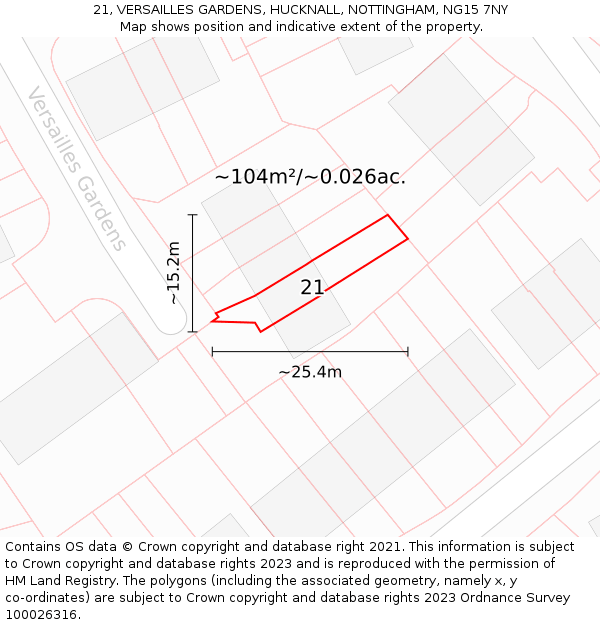 21, VERSAILLES GARDENS, HUCKNALL, NOTTINGHAM, NG15 7NY: Plot and title map