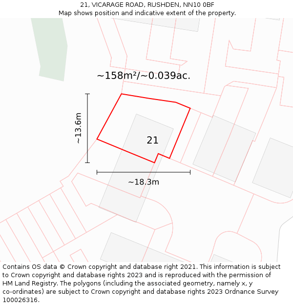21, VICARAGE ROAD, RUSHDEN, NN10 0BF: Plot and title map