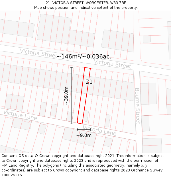 21, VICTORIA STREET, WORCESTER, WR3 7BE: Plot and title map