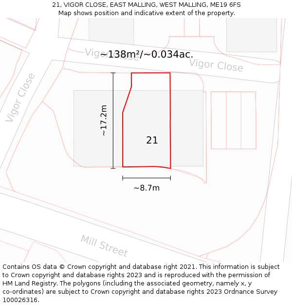 21, VIGOR CLOSE, EAST MALLING, WEST MALLING, ME19 6FS: Plot and title map