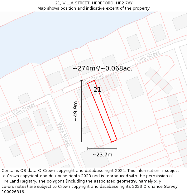 21, VILLA STREET, HEREFORD, HR2 7AY: Plot and title map