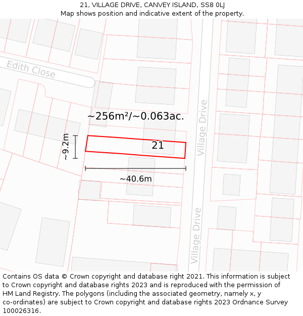 21, VILLAGE DRIVE, CANVEY ISLAND, SS8 0LJ: Plot and title map