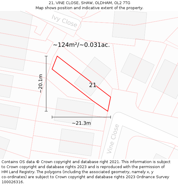 21, VINE CLOSE, SHAW, OLDHAM, OL2 7TG: Plot and title map