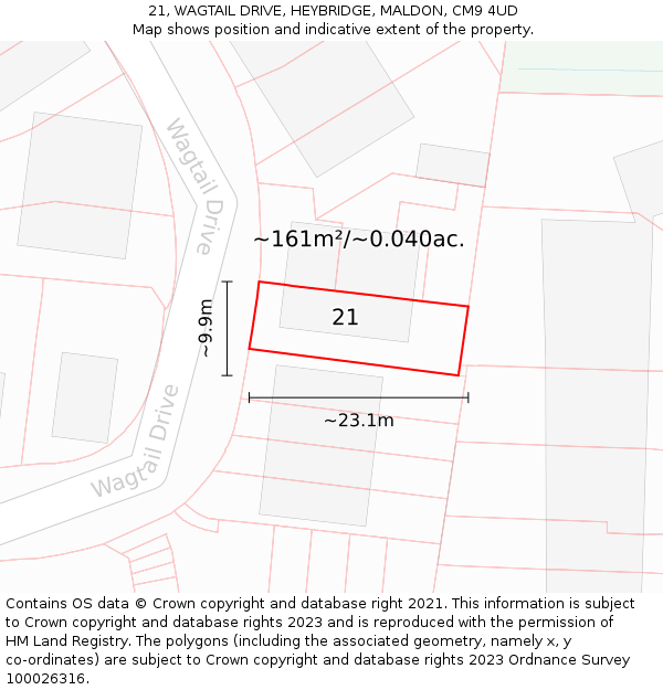 21, WAGTAIL DRIVE, HEYBRIDGE, MALDON, CM9 4UD: Plot and title map