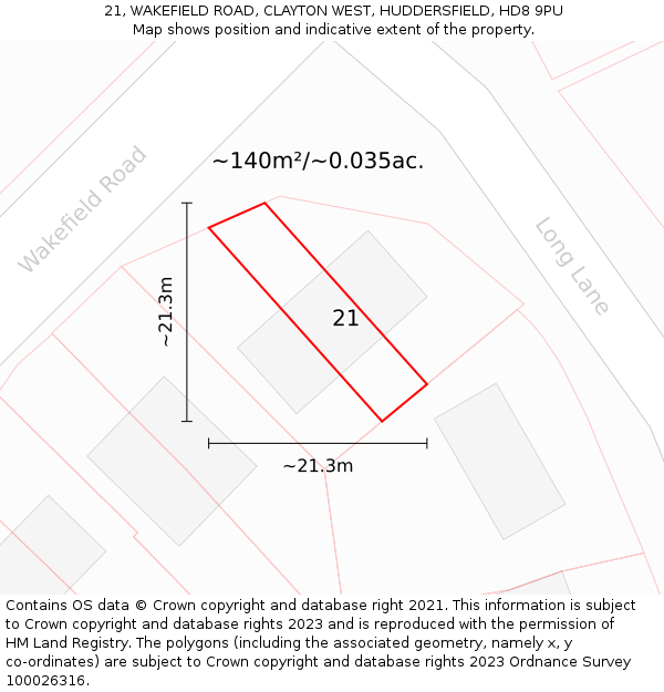 21, WAKEFIELD ROAD, CLAYTON WEST, HUDDERSFIELD, HD8 9PU: Plot and title map