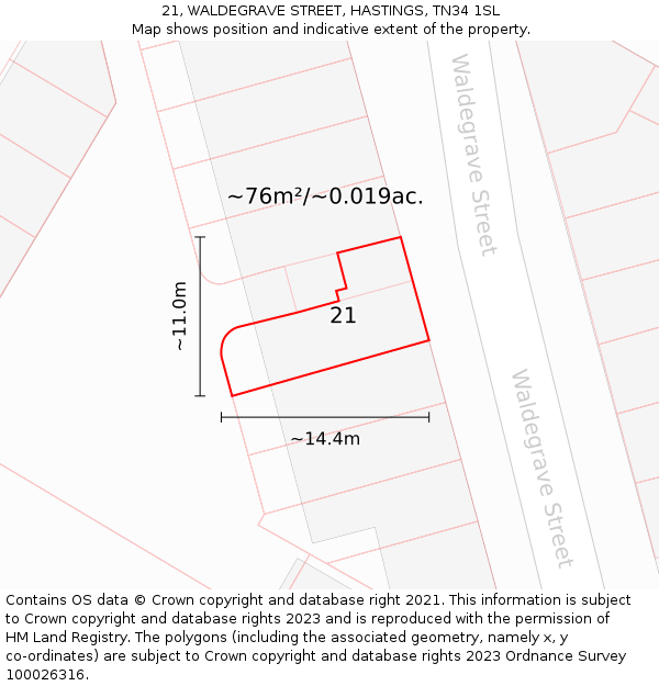 21, WALDEGRAVE STREET, HASTINGS, TN34 1SL: Plot and title map