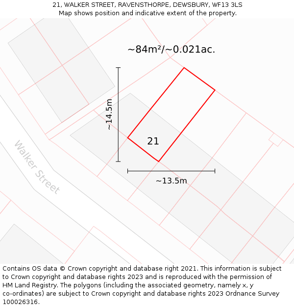 21, WALKER STREET, RAVENSTHORPE, DEWSBURY, WF13 3LS: Plot and title map