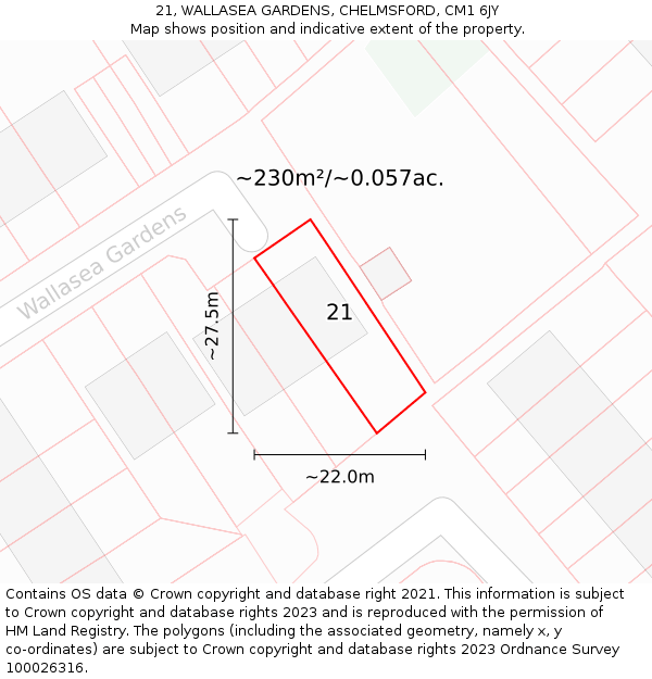 21, WALLASEA GARDENS, CHELMSFORD, CM1 6JY: Plot and title map