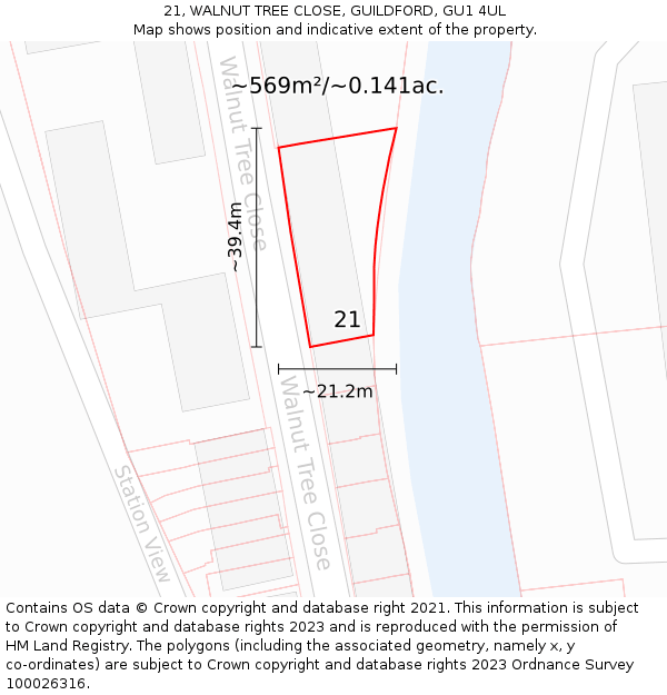 21, WALNUT TREE CLOSE, GUILDFORD, GU1 4UL: Plot and title map