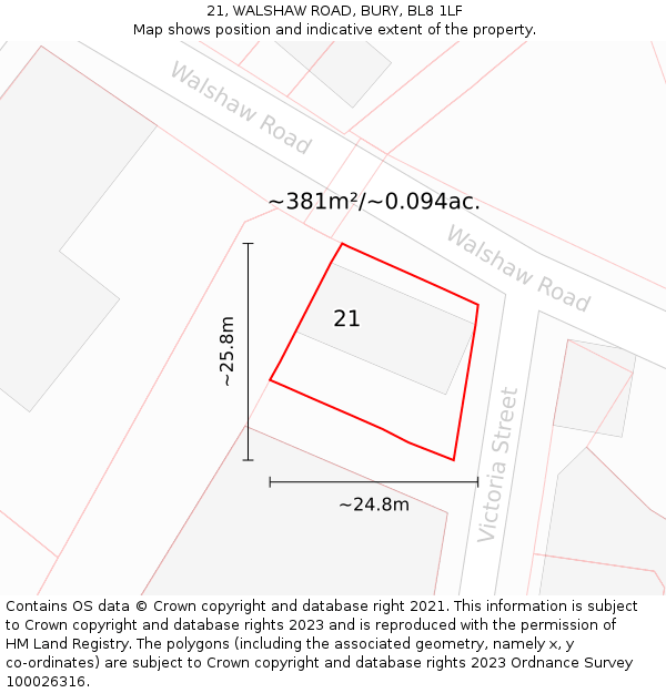 21, WALSHAW ROAD, BURY, BL8 1LF: Plot and title map