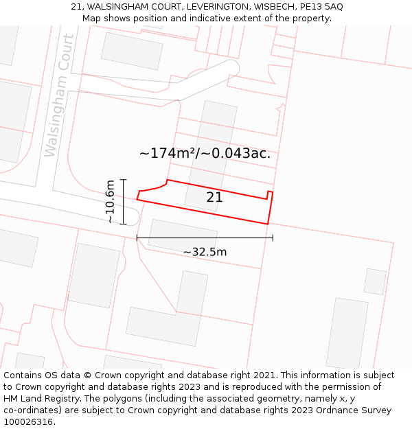 21, WALSINGHAM COURT, LEVERINGTON, WISBECH, PE13 5AQ: Plot and title map