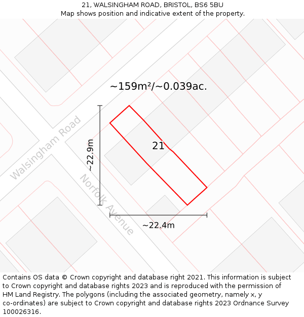 21, WALSINGHAM ROAD, BRISTOL, BS6 5BU: Plot and title map