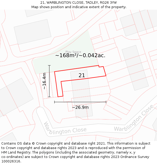 21, WARBLINGTON CLOSE, TADLEY, RG26 3YW: Plot and title map