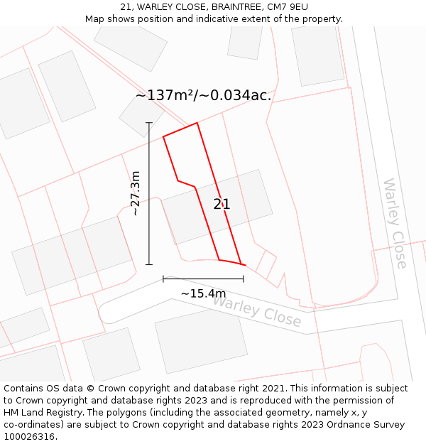21, WARLEY CLOSE, BRAINTREE, CM7 9EU: Plot and title map