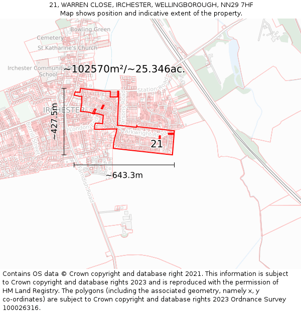 21, WARREN CLOSE, IRCHESTER, WELLINGBOROUGH, NN29 7HF: Plot and title map