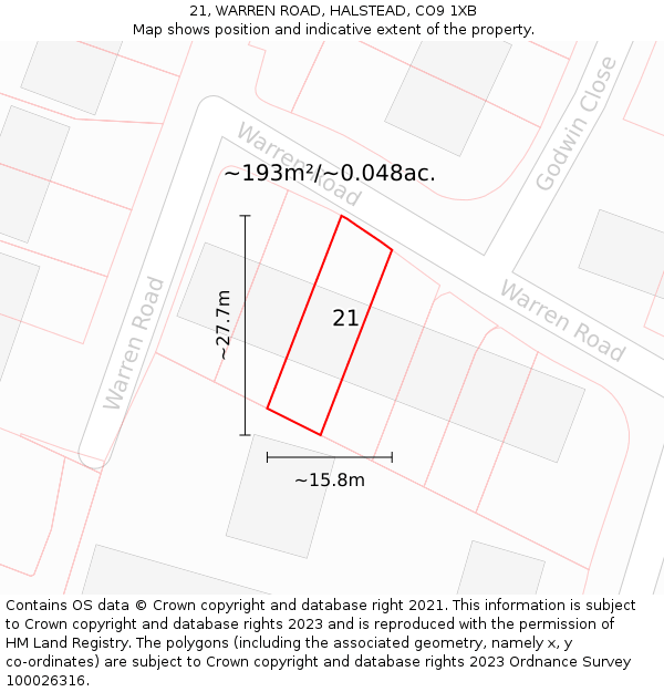21, WARREN ROAD, HALSTEAD, CO9 1XB: Plot and title map