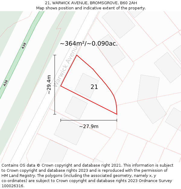 21, WARWICK AVENUE, BROMSGROVE, B60 2AH: Plot and title map