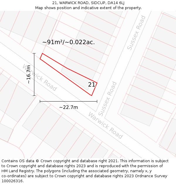 21, WARWICK ROAD, SIDCUP, DA14 6LJ: Plot and title map