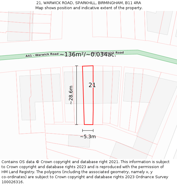 21, WARWICK ROAD, SPARKHILL, BIRMINGHAM, B11 4RA: Plot and title map