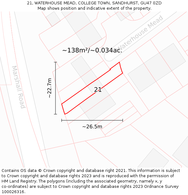 21, WATERHOUSE MEAD, COLLEGE TOWN, SANDHURST, GU47 0ZD: Plot and title map
