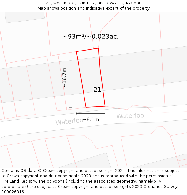 21, WATERLOO, PURITON, BRIDGWATER, TA7 8BB: Plot and title map
