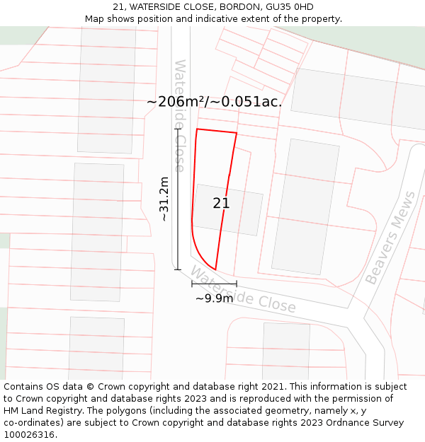 21, WATERSIDE CLOSE, BORDON, GU35 0HD: Plot and title map