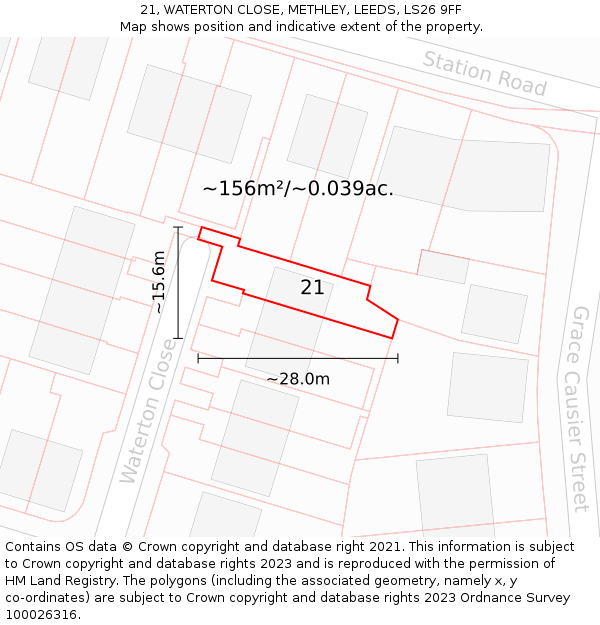 21, WATERTON CLOSE, METHLEY, LEEDS, LS26 9FF: Plot and title map