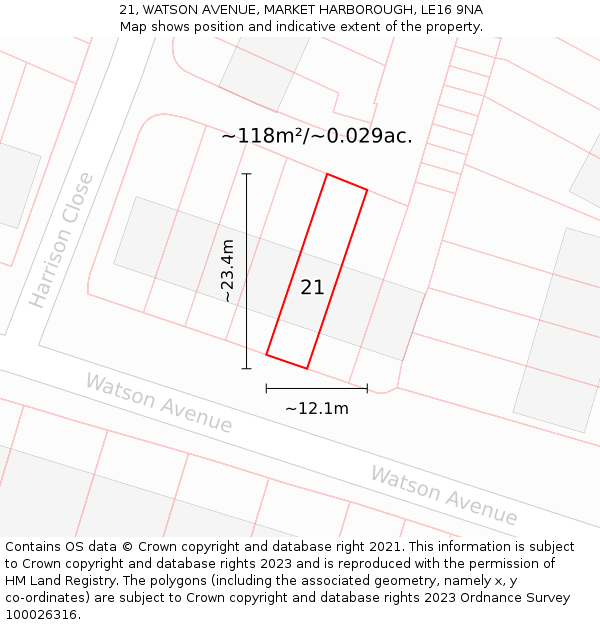 21, WATSON AVENUE, MARKET HARBOROUGH, LE16 9NA: Plot and title map