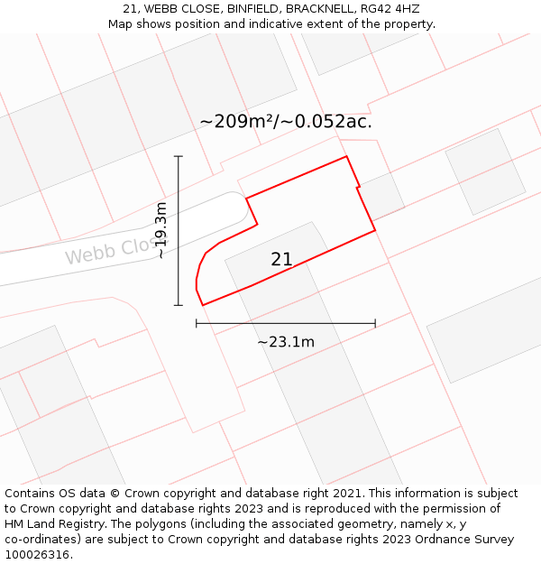21, WEBB CLOSE, BINFIELD, BRACKNELL, RG42 4HZ: Plot and title map