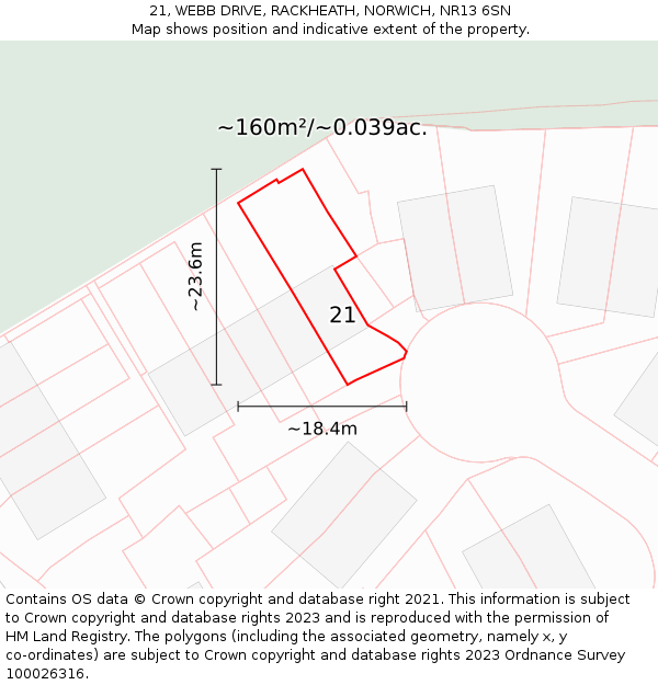 21, WEBB DRIVE, RACKHEATH, NORWICH, NR13 6SN: Plot and title map