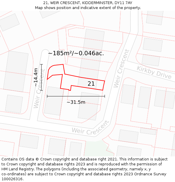 21, WEIR CRESCENT, KIDDERMINSTER, DY11 7AY: Plot and title map