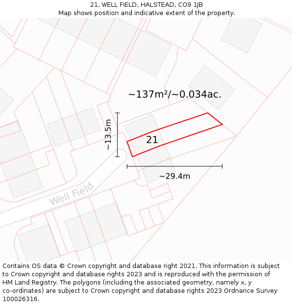 21, WELL FIELD, HALSTEAD, CO9 1JB: Plot and title map