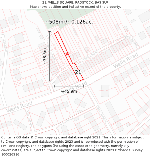 21, WELLS SQUARE, RADSTOCK, BA3 3UF: Plot and title map