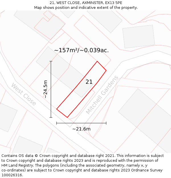 21, WEST CLOSE, AXMINSTER, EX13 5PE: Plot and title map
