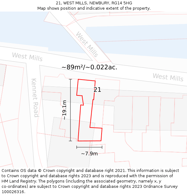 21, WEST MILLS, NEWBURY, RG14 5HG: Plot and title map