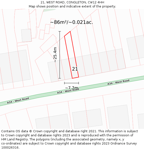 21, WEST ROAD, CONGLETON, CW12 4HH: Plot and title map