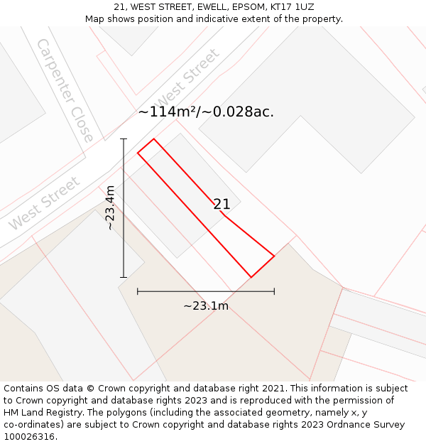 21, WEST STREET, EWELL, EPSOM, KT17 1UZ: Plot and title map