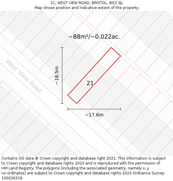 21, WEST VIEW ROAD, BRISTOL, BS3 3JL: Plot and title map