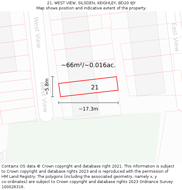 21, WEST VIEW, SILSDEN, KEIGHLEY, BD20 9JY: Plot and title map